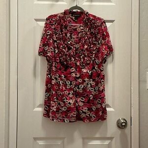 INC International Concepts Floral Ruffle Blouse - Red and Pink